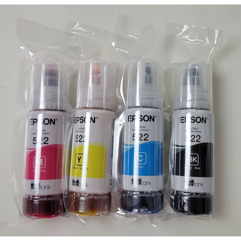 Epson 522 EcoTank Ink Bottles 4-Pack Black Cyan Magenta Yellow 65ml OEM 12/26